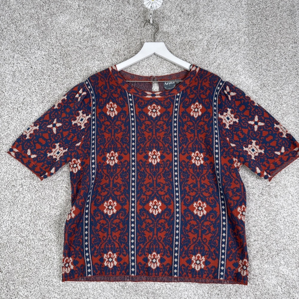 Arula Sweater Pullover Short Sleeve Rust Floral Top Metallic Sz A/1X